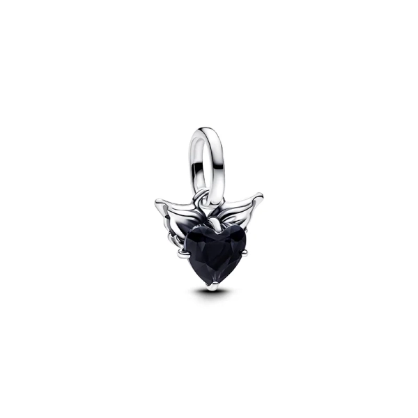 Winged Heart Mini-Anhängeranhänger aus echtem Silber mit schwarzem Kristall in Form eines Herzens und Flügels. Symbol für Individualität und Selbstdarstellung. Perfekt