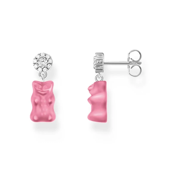 HARIBO Rosa Glittrande Stiftörhängen i återvunnet silver med rosa gummibjörnsberlocker och vita zirkoniastenar
