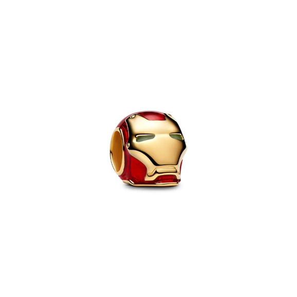 Marvel Iron Man Helmanhänger mit 14 Karat Gold und roter Emaille. Symbolisiert Transformation und Widerstandsfähigkeit mit leuchtenden Augen für zusätzliche Stärke und Mut.
