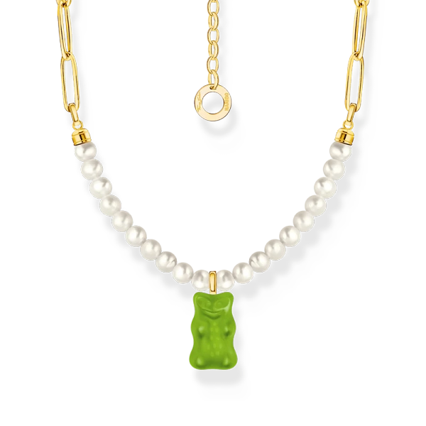 Gliederkette mit grünem Goldbären-Anhänger und Perlen vergoldet - Thomas Sabo - Nordic Spectra