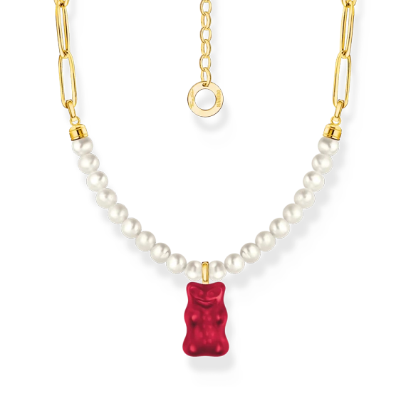 Gliederkette mit rotem Goldbären-Anhänger und Perlen vergoldet - Thomas Sabo - Nordic Spectra