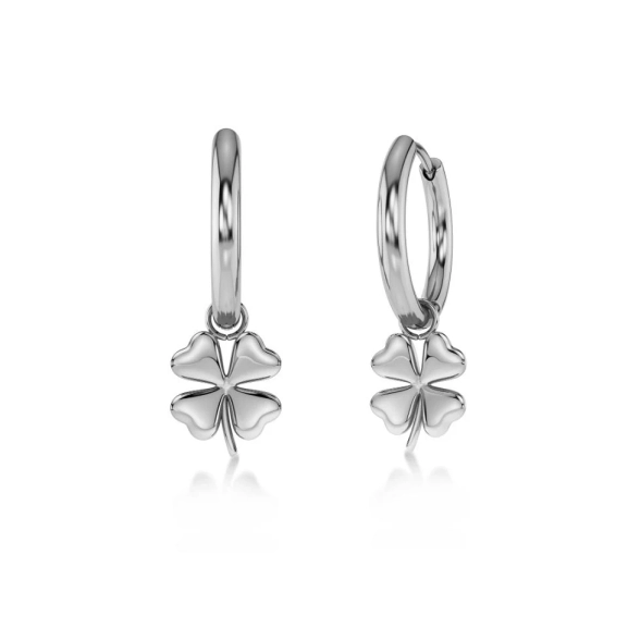 Örhängen i polerat rostfritt stål med stilren ring och avtagbart hänge format som en fyrklöver.