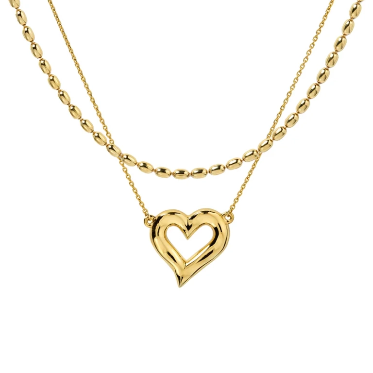 Puff Heart Lunetta Layering Gold halsbandsset i 18K guldpläterat silver med pärlformad kedja och hjärtberlock