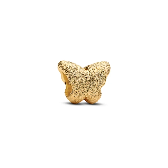 Schmetterlings-Charm aus Gold mit diamantartiger Struktur aus der Pandora Mini-Kollektion. Klein