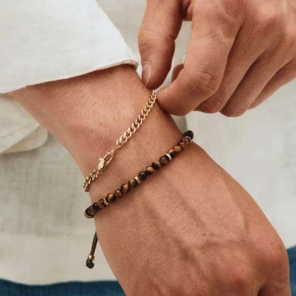 Dylan-armband i ljusbrunt med gul tigeröga och 14K guldpläterade detaljer